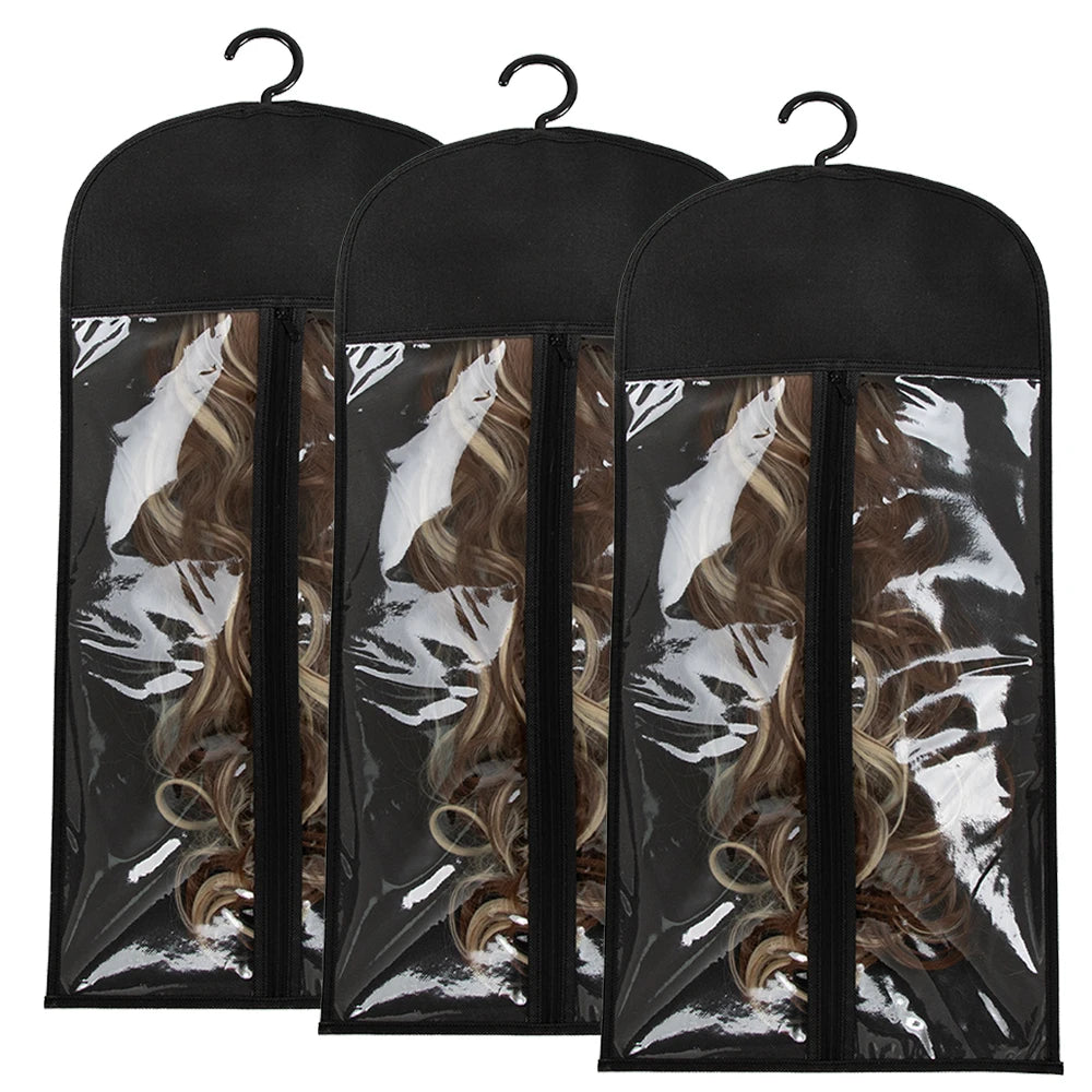 3pcs Premium Wig Storage Bags with Sturdy Metal Hangers - Black Transparent Design for Multiple Wigs & Hair Extensions