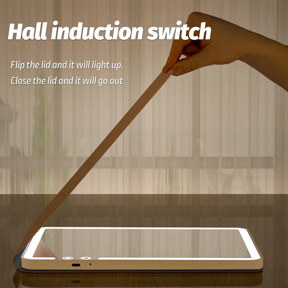 Makeup Mirror Foldable Portable 3-Color Dimmable Lighting Rechargeable Tabletop Folding Vanity Cosmetic Mirror with LED Lights