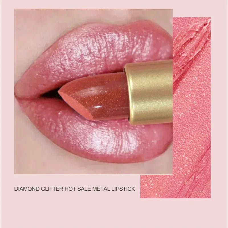 Rouge à lèvres Diamond Glitter Hydratant Rose étincelant Imperméable Brillant à lèvres Métallique Rouge à lèvres Sexy Teinte à lèvres Maquillage des lèvres