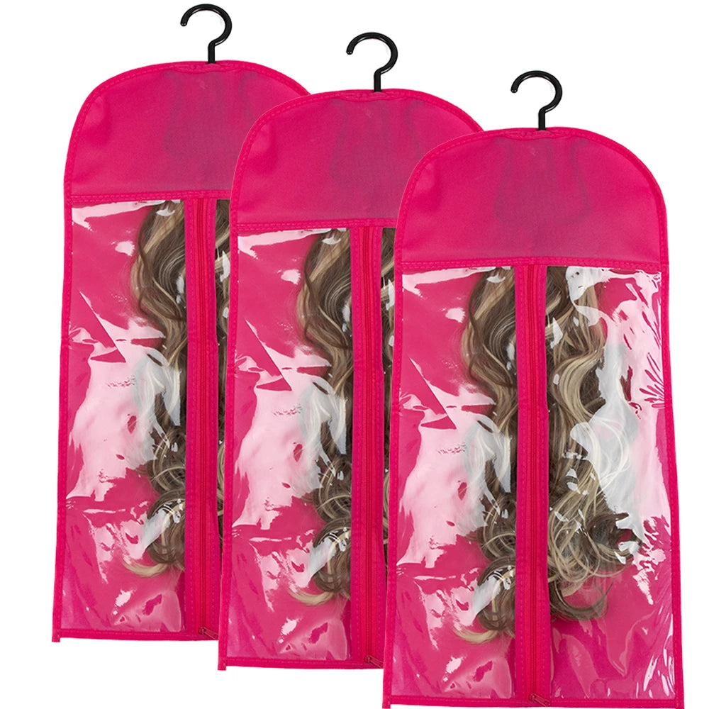 3pcs Premium Wig Storage Bags with Sturdy Metal Hangers - Black Transparent Design for Multiple Wigs & Hair Extensions