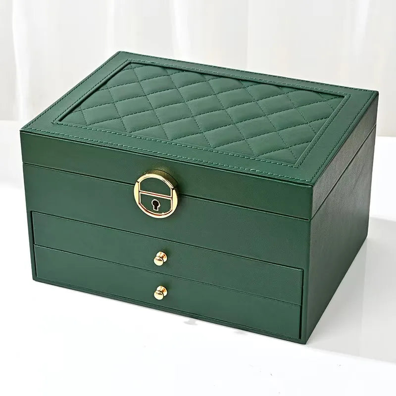 Large-capacity Three-layer Leather with Lock Jewelry Box Earrings Bracelet Jewelry Anti-dust Anti-oxidation Geling Storage Box