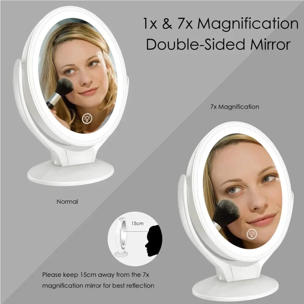LED  Cosmetic Mirror With Lights Double-Sided Makeup Mirror 7X Magnifying Rechargeable 360° Rotating Freestanding Portable