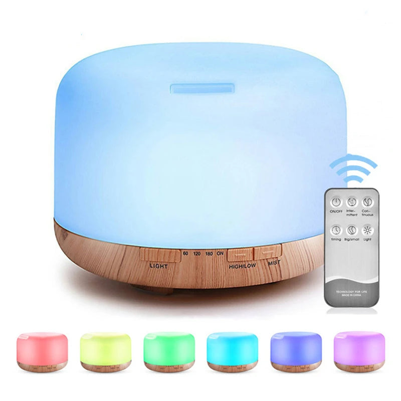 500ML USB Wood Grain Aroma Diffuser, Essential Oil Diffuser, Air Humidifier with Remote Control, Colorful Night Lights For Home