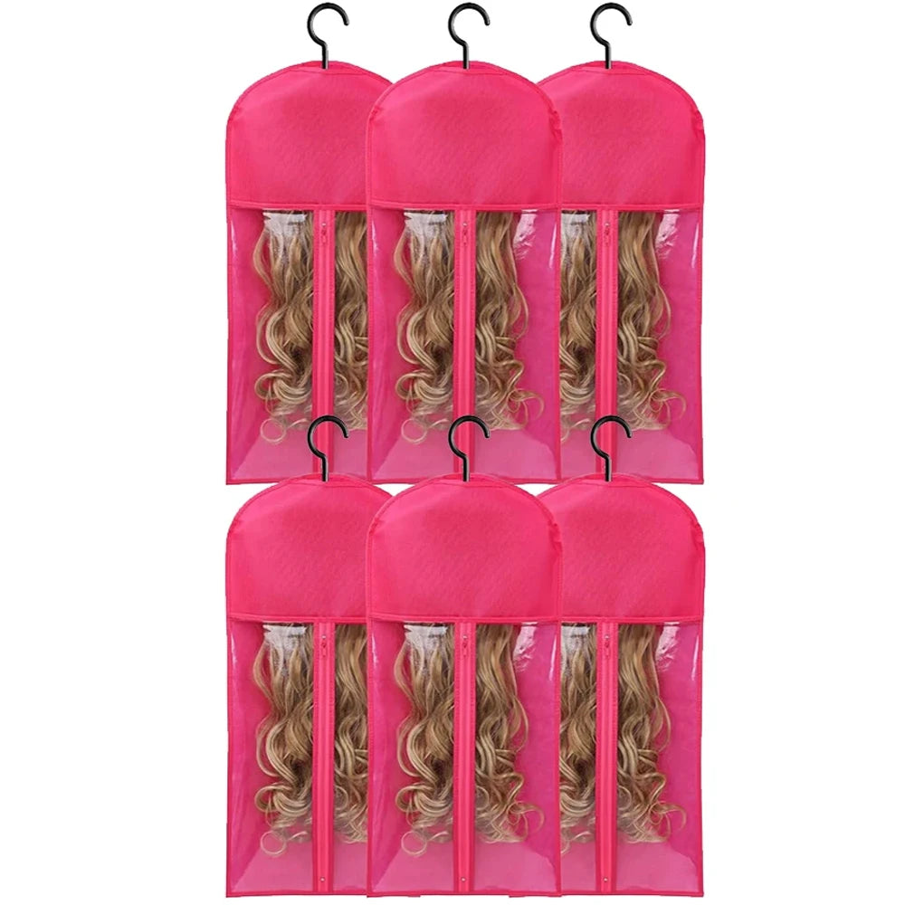 3pcs Premium Wig Storage Bags with Sturdy Metal Hangers - Black Transparent Design for Multiple Wigs & Hair Extensions