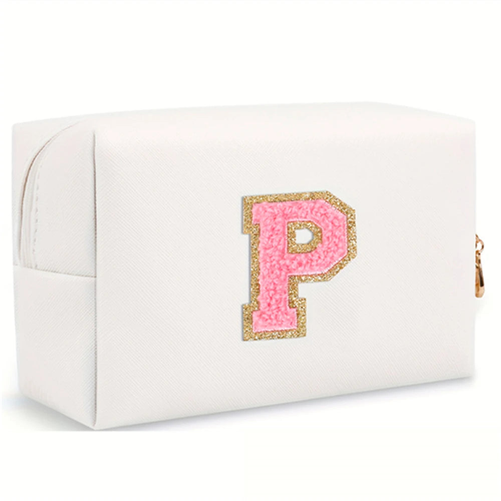 Initial letter patch makeup bag, Preppy portable zipper bag, PU leather waterproof travel wash bag,letter women's handbag-ll-LJX
