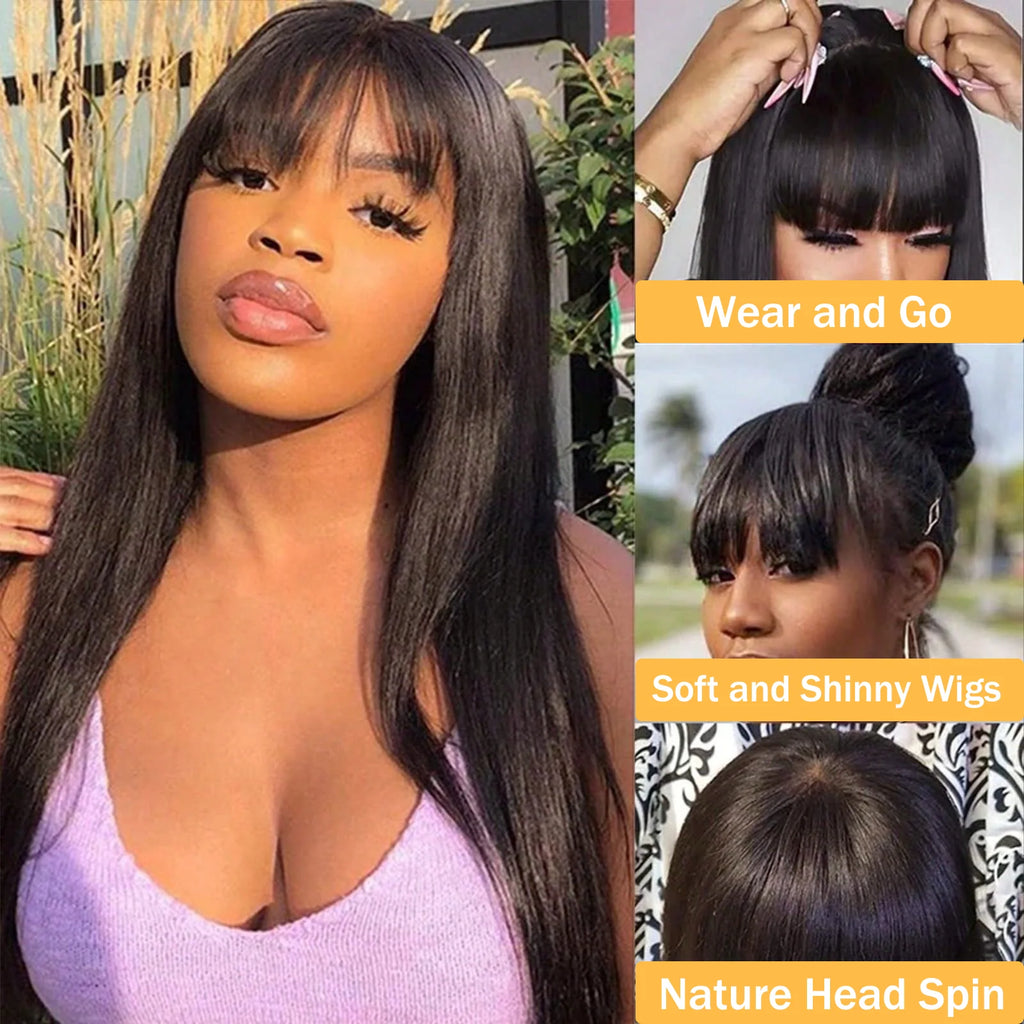 Bone Straight Human Hair Full Machine Made Wigs With Bangs 30 Inch High Density Black Wig Glueless Brazilian Wigs On Sale Women