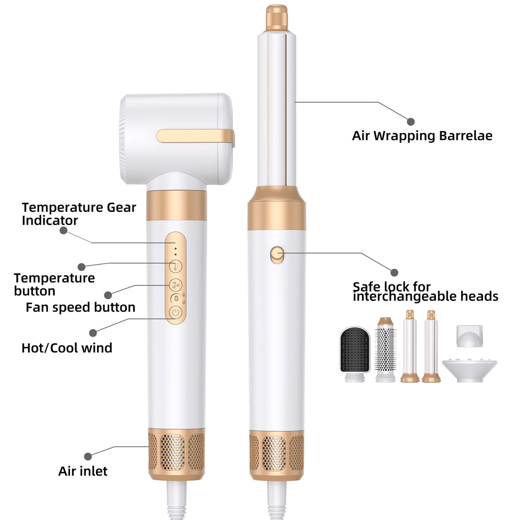 Brosse de sèche-cheveux 7 en 1 sans brosse Sèche-cheveux à grande vitesse avec diffuseur Sèche-cheveux ionique Peigne de coiffage à air chaud Bigoudis automatique