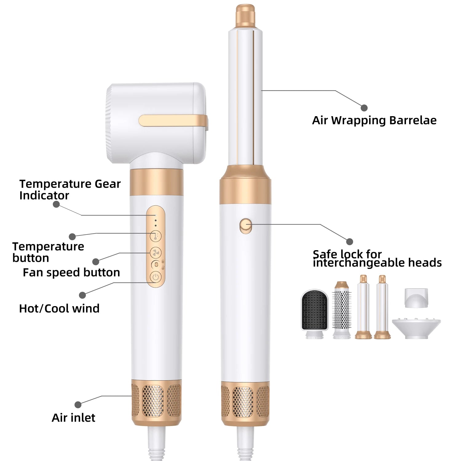 Brosse de sèche-cheveux 7 en 1 sans brosse Sèche-cheveux à grande vitesse avec diffuseur Sèche-cheveux ionique Peigne de coiffage à air chaud Bigoudis automatique