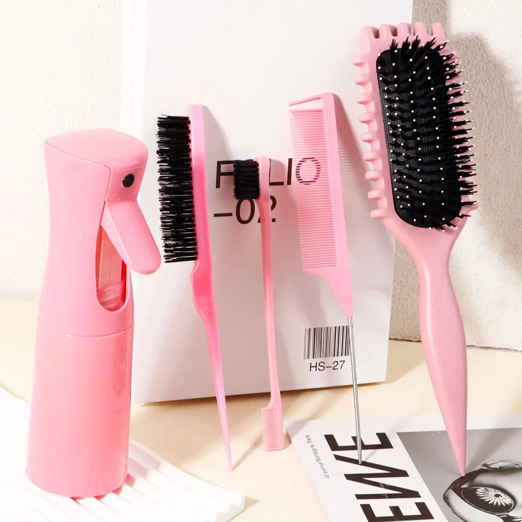 Ensemble de 5 brosses à cheveux Brosse à bonbons de massage doux avec peigne de contrôle de bord de bouteille de pulvérisation Brosse à queue de rat Kit d’outils de coiffure Salon