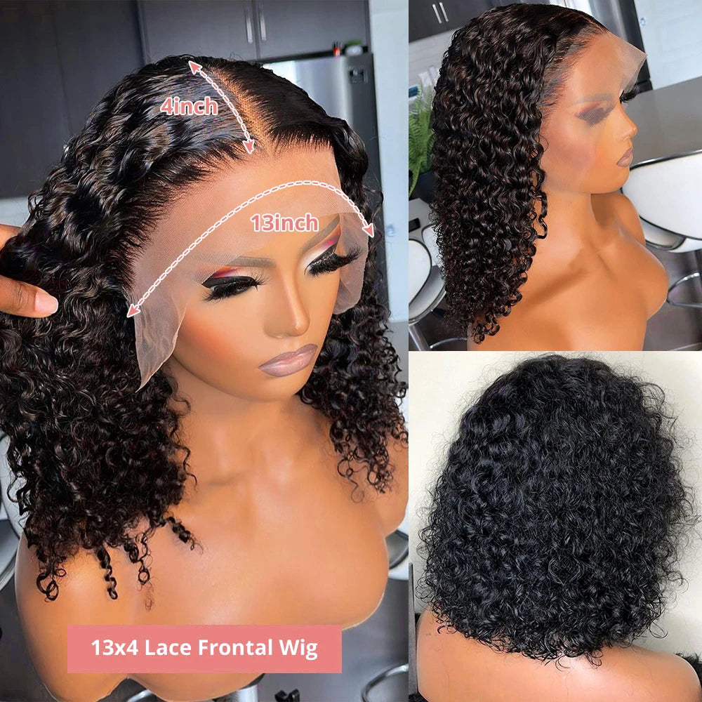 Brazilian Deep Water Wave Curly Bob 100% Human Hair Wigs Natural Black Deep Wave HD Lace Front 13x4 13x6 Transparent Lace Wigs