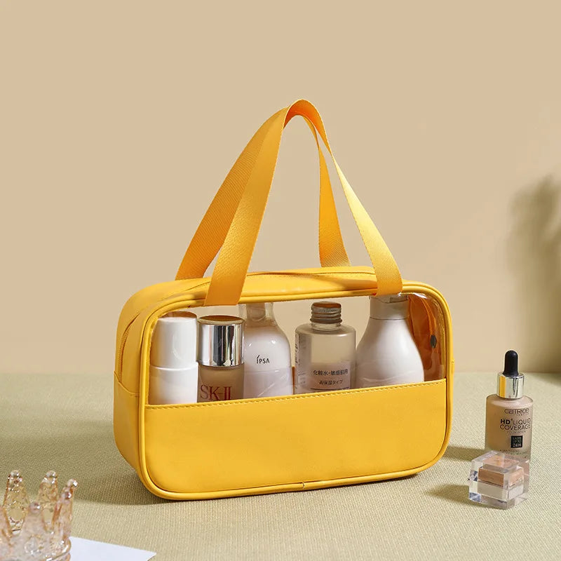 New transparent makeup bag Large capacity waterproof swimming and bathing bag Simple PVC handbag PU splicing bag wash bag