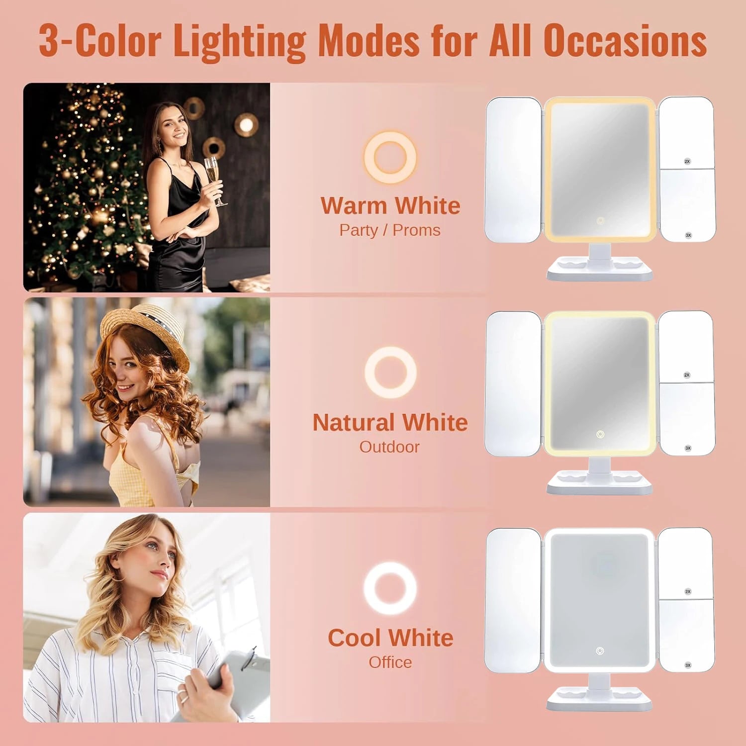 Lighted Makeup Mirror with 2X/3X/10X Magnification Rechargeable Trifold Vanity Mirror with 3 Color Lights Ideal Gifts for Women