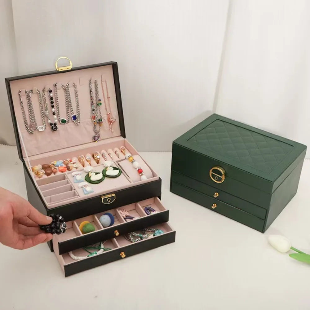 Large-capacity Three-layer Leather with Lock Jewelry Box Earrings Bracelet Jewelry Anti-dust Anti-oxidation Geling Storage Box