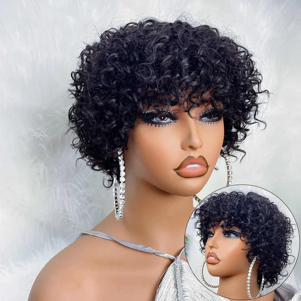 Perruques de cheveux humains Pixie Cut pour femmes noires Afro Rose Curly Funmi Glueless Perruques avec frange Court Boulissant Curly Bob Perruque avec frange