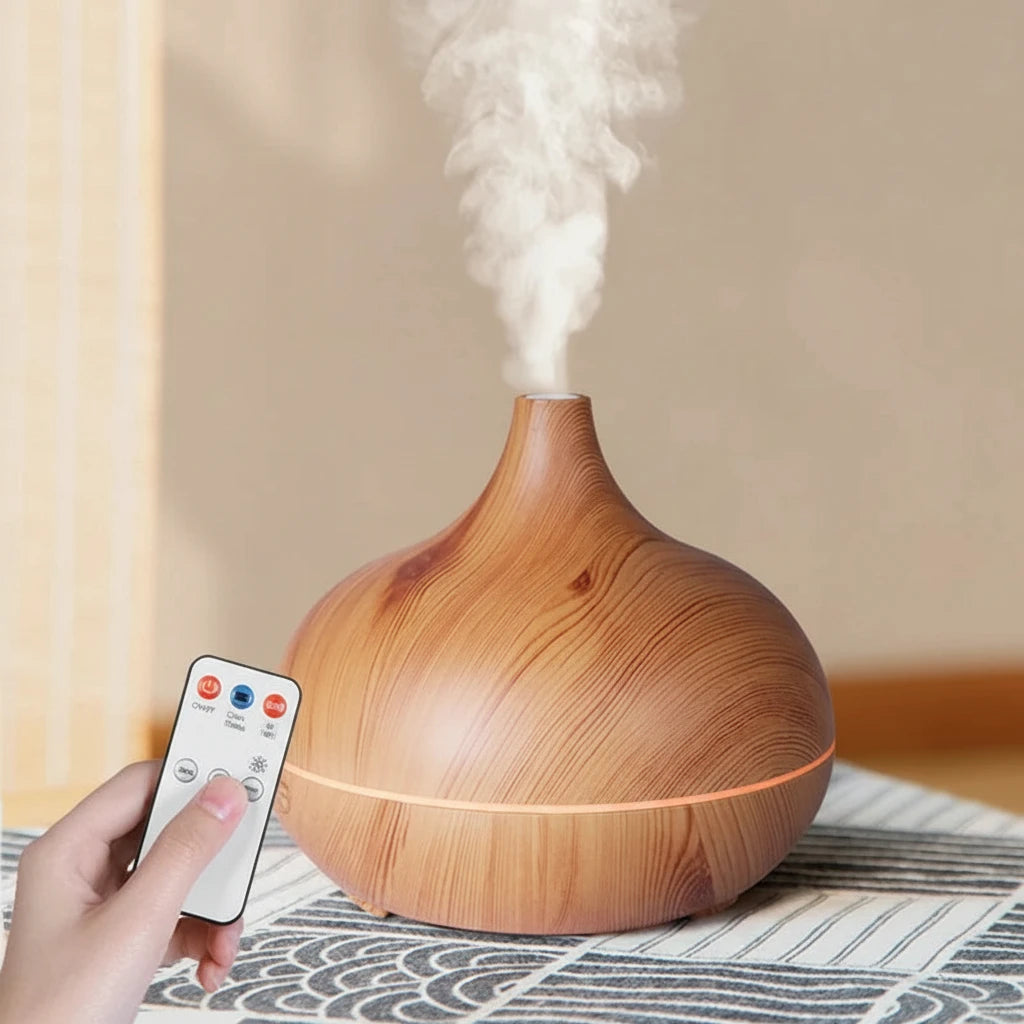 Diffuseur d’huile essentielle d’aromathérapie de 500 ml de haute qualité Humidificateur d’air à ultrasons à télécommande de grain de bois avec 7 couleurs de lumière