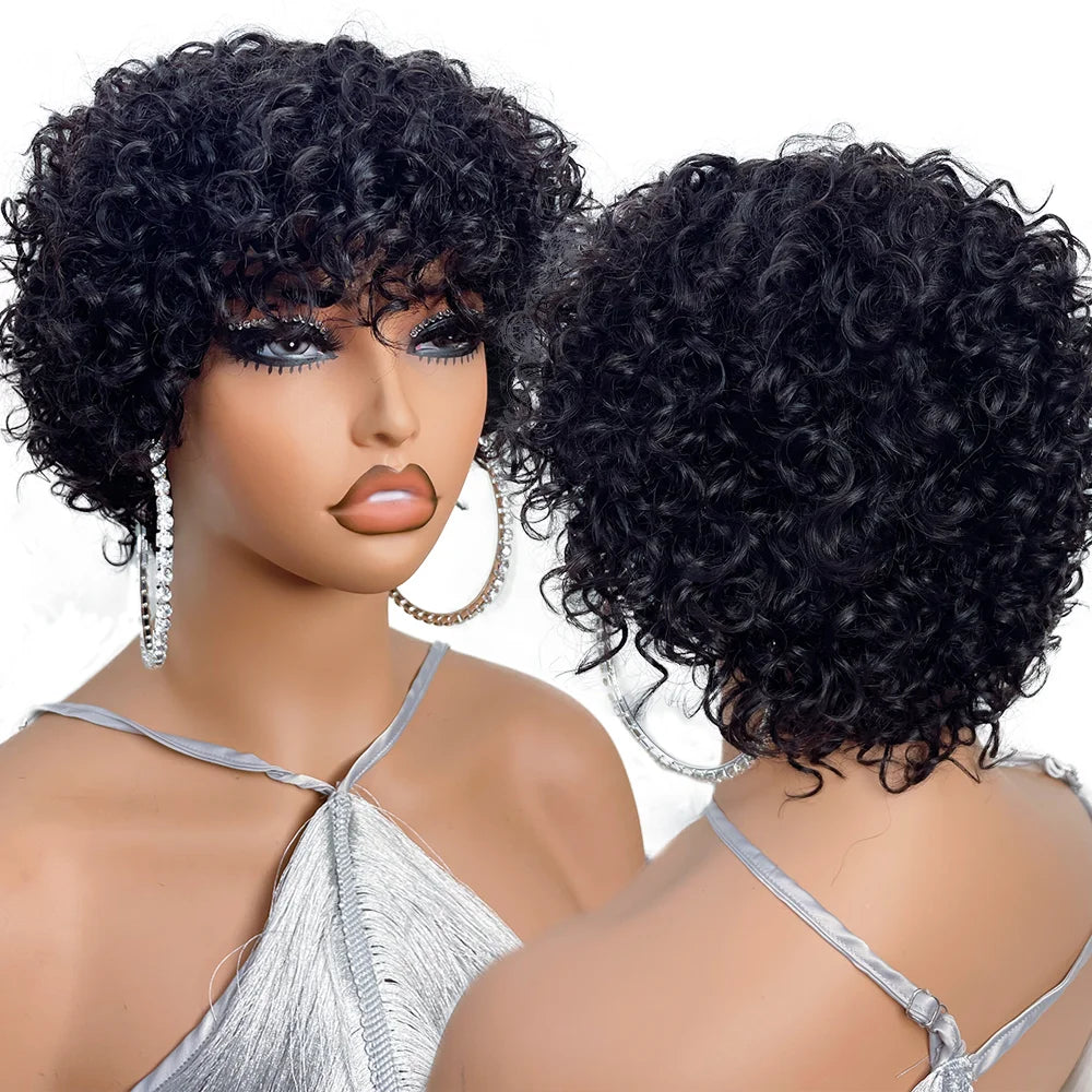 Perruques de cheveux humains Pixie Cut pour femmes noires Afro Rose Curly Funmi Glueless Perruques avec frange Court Boulissant Curly Bob Perruque avec frange