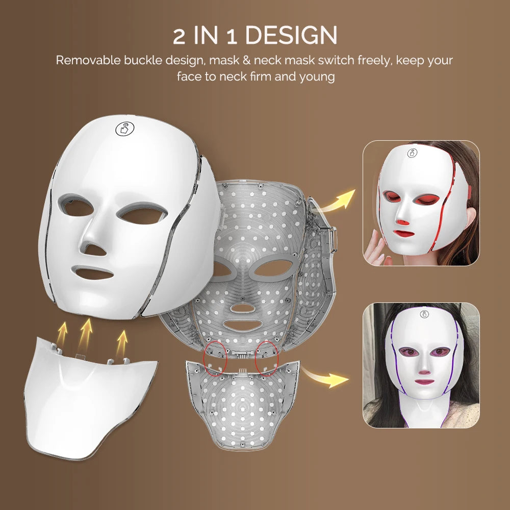LED Facial Mask with Neck 7 Colors Light Therapy Red Light Facial Mask for Anti-Aging Rejuvenation Brighten Skin Beauty Device