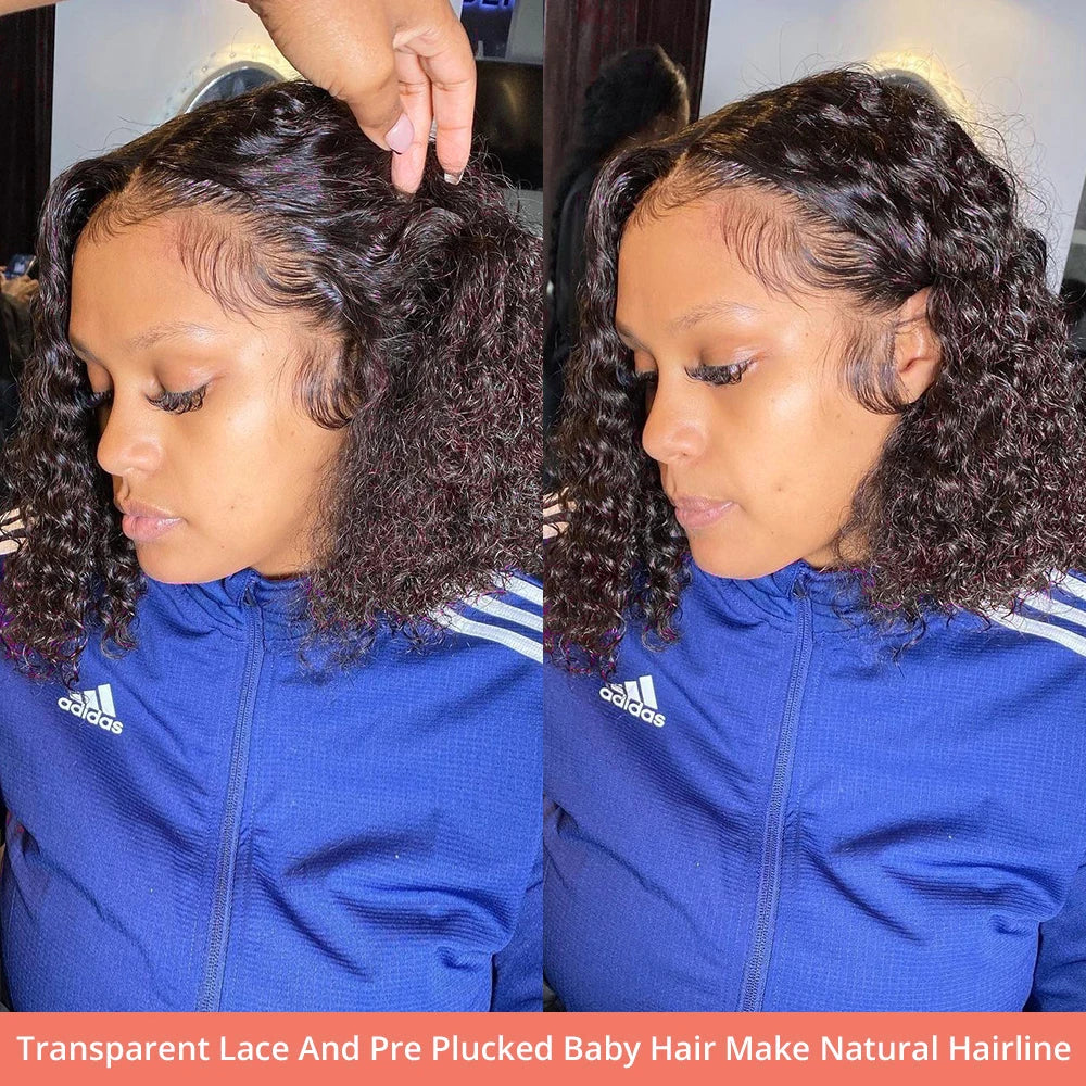 Brazilian Deep Water Wave Curly Bob 100% Human Hair Wigs Natural Black Deep Wave HD Lace Front 13x4 13x6 Transparent Lace Wigs