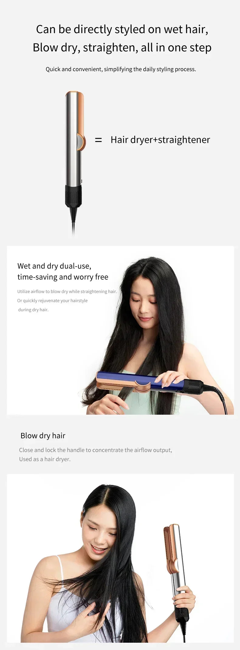 2 IN 1 Professional Hair Straightener & Hair Dryer Heat-Up Hair Flat Iron, Negative Ion Iron Long-Lasting Styling Tool