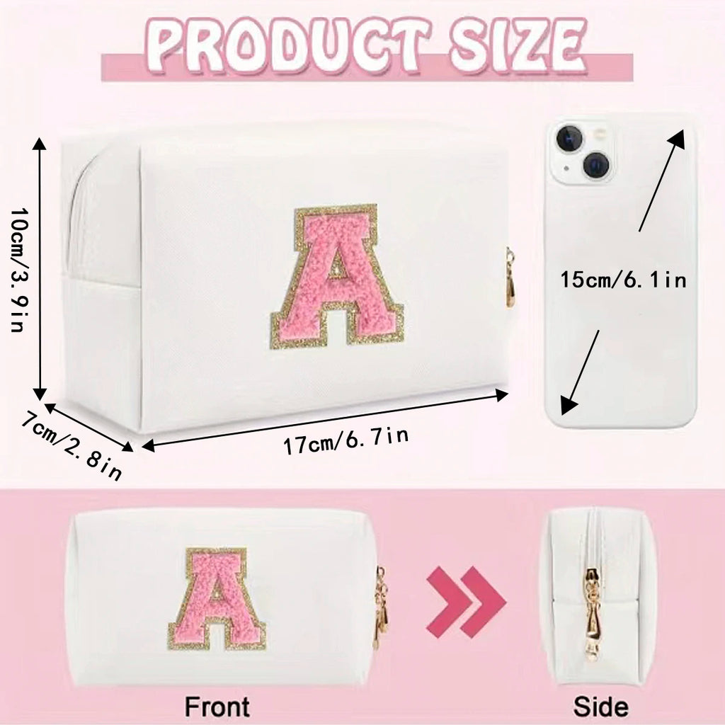 Initial letter patch makeup bag, Preppy portable zipper bag, PU leather waterproof travel wash bag,letter women's handbag-ll-LJX