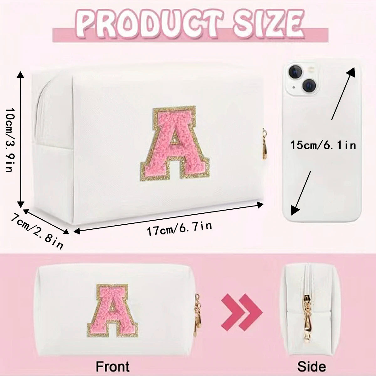 Initial letter patch makeup bag, Preppy portable zipper bag, PU leather waterproof travel wash bag,letter women's handbag-ll-LJX