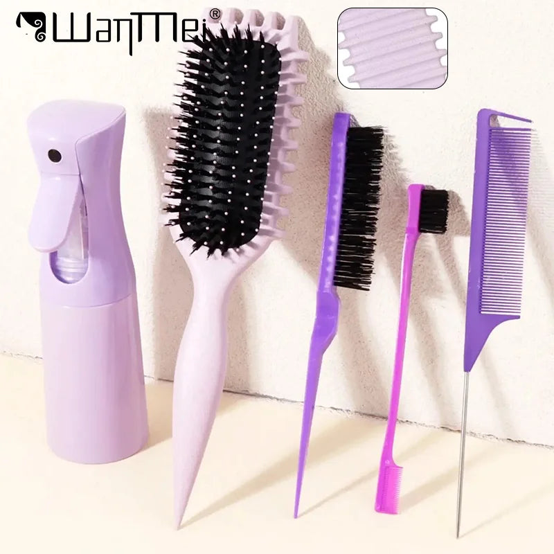 Ensemble de 5 brosses à cheveux Brosse à bonbons de massage doux avec peigne de contrôle de bord de bouteille de pulvérisation Brosse à queue de rat Kit d’outils de coiffure Salon
