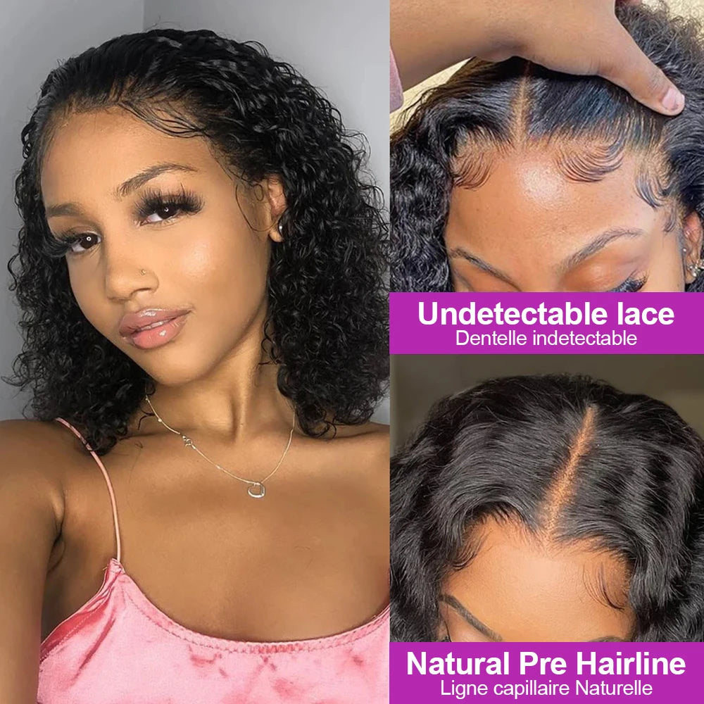 Brazilian Deep Water Wave Curly Bob 100% Human Hair Wigs Natural Black Deep Wave HD Lace Front 13x4 13x6 Transparent Lace Wigs