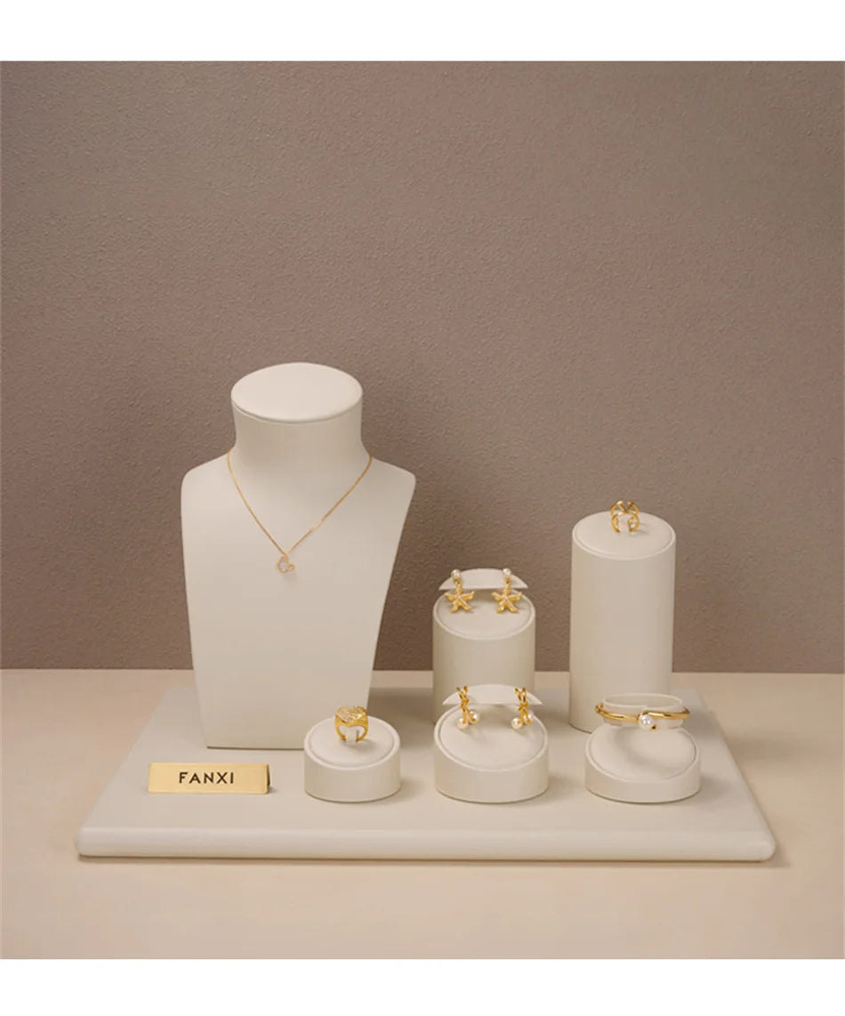 Ciyye Beige Jewelry Counter Display Set Props Shop Cabinet Display for Necklace Earring Ring Jewelry Stand Storage Organizer Set