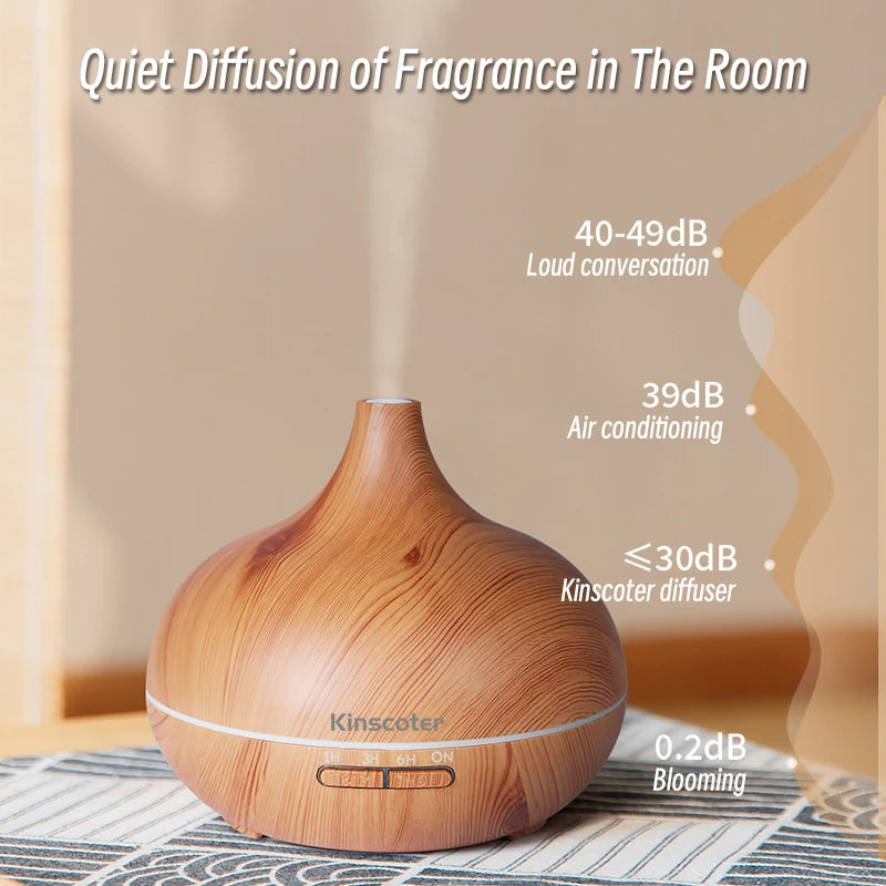 Diffuseur d’huile essentielle d’aromathérapie de 500 ml de haute qualité Humidificateur d’air à ultrasons à télécommande de grain de bois avec 7 couleurs de lumière