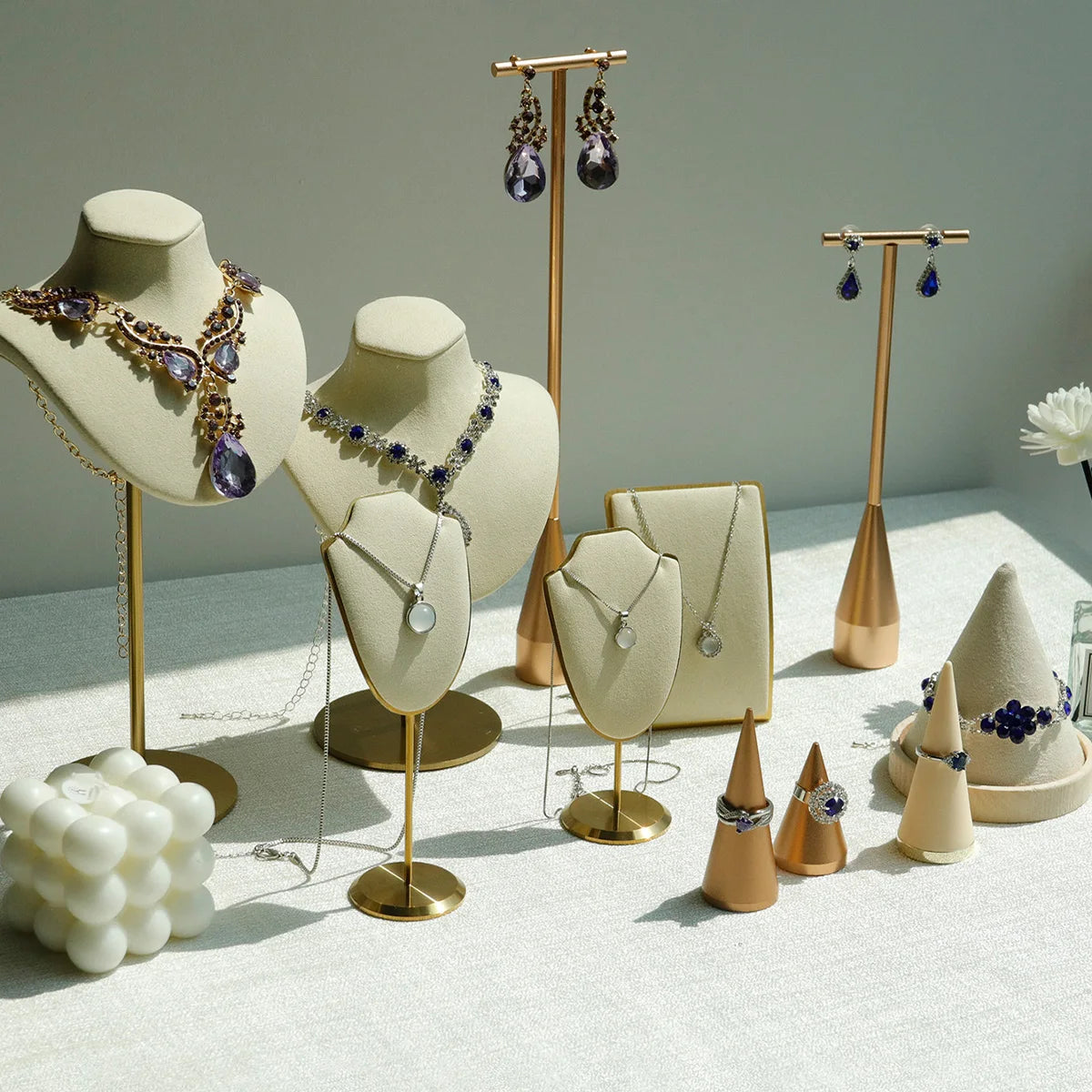 Beige Jewelry Display Props with Metal Base Earring Necklace Organizer Holder Jewelry Counter Earrings Rings Display Stand