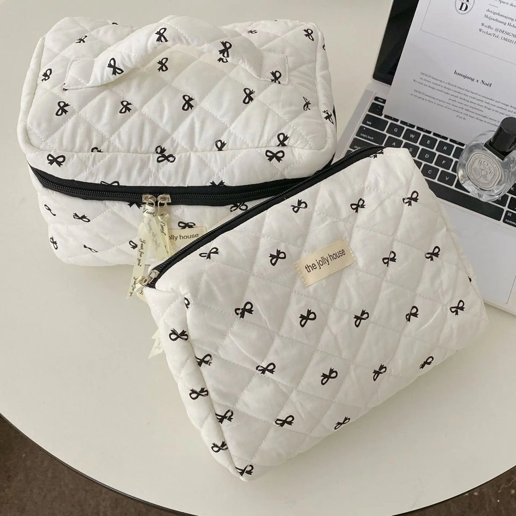 Fashion Cherry Tote Women Makeup Bag Portable Cute Ladies Cosmetic Toiletry Storage Pouch Handbag Cotton Quilted Zipper Bag