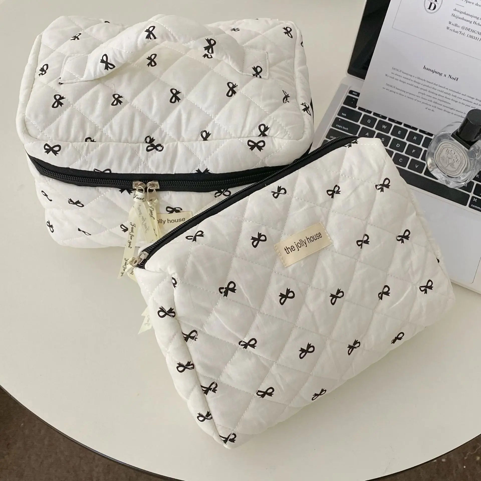 Fashion Cherry Tote Women Makeup Bag Portable Cute Ladies Cosmetic Toiletry Storage Pouch Handbag Cotton Quilted Zipper Bag