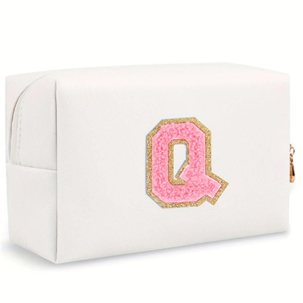 Initial letter patch makeup bag, Preppy portable zipper bag, PU leather waterproof travel wash bag,letter women's handbag-ll-LJX