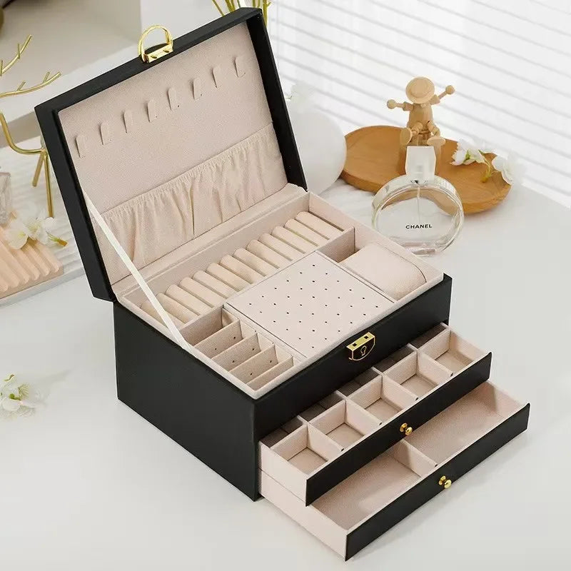 Large-capacity Three-layer Leather with Lock Jewelry Box Earrings Bracelet Jewelry Anti-dust Anti-oxidation Geling Storage Box