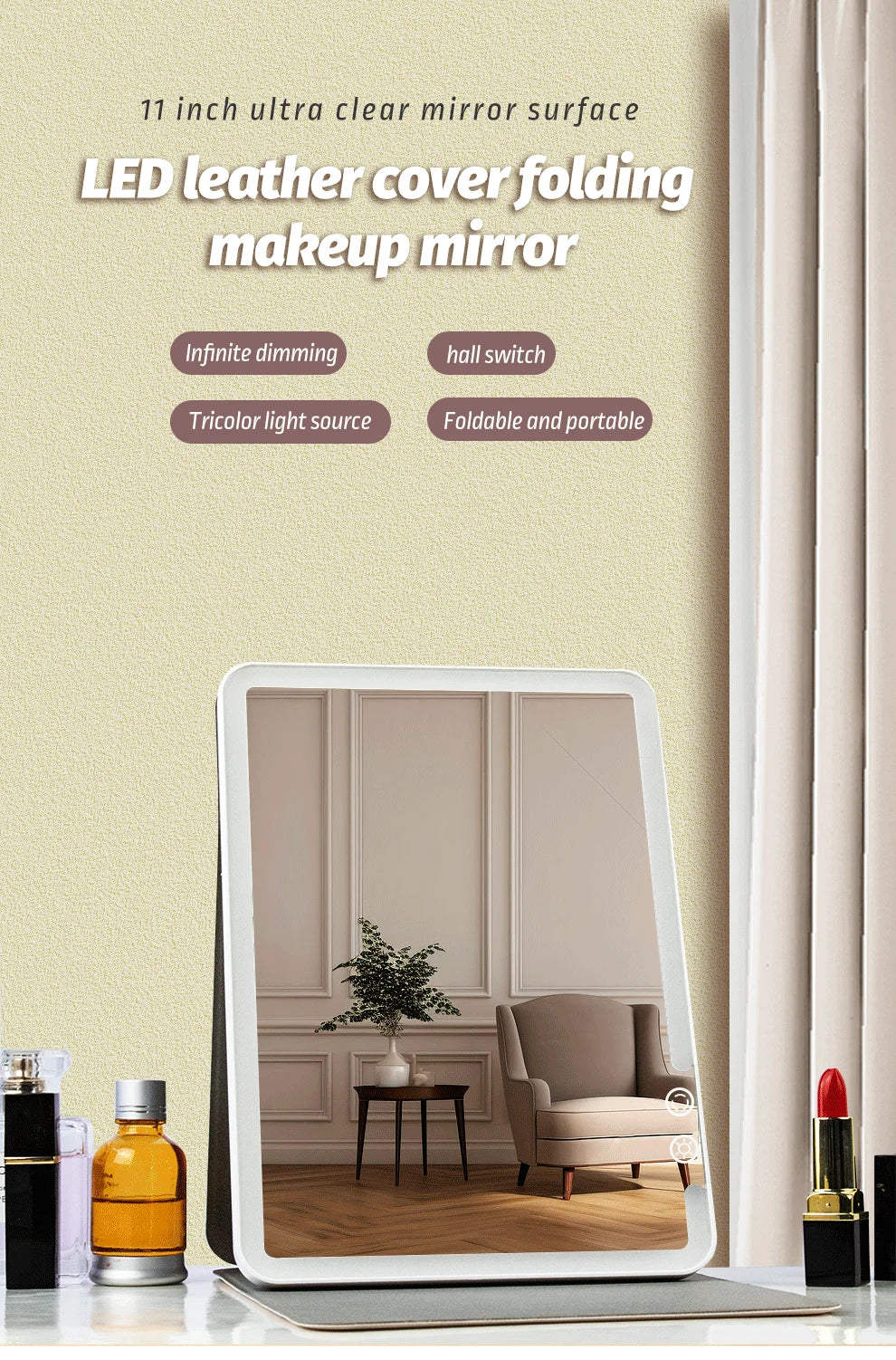 Makeup Mirror Foldable Portable 3-Color Dimmable Lighting Rechargeable Tabletop Folding Vanity Cosmetic Mirror with LED Lights