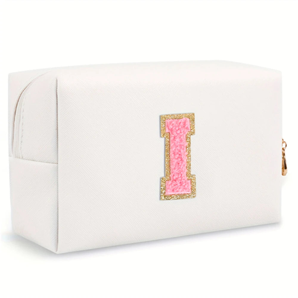 Initial letter patch makeup bag, Preppy portable zipper bag, PU leather waterproof travel wash bag,letter women's handbag-ll-LJX
