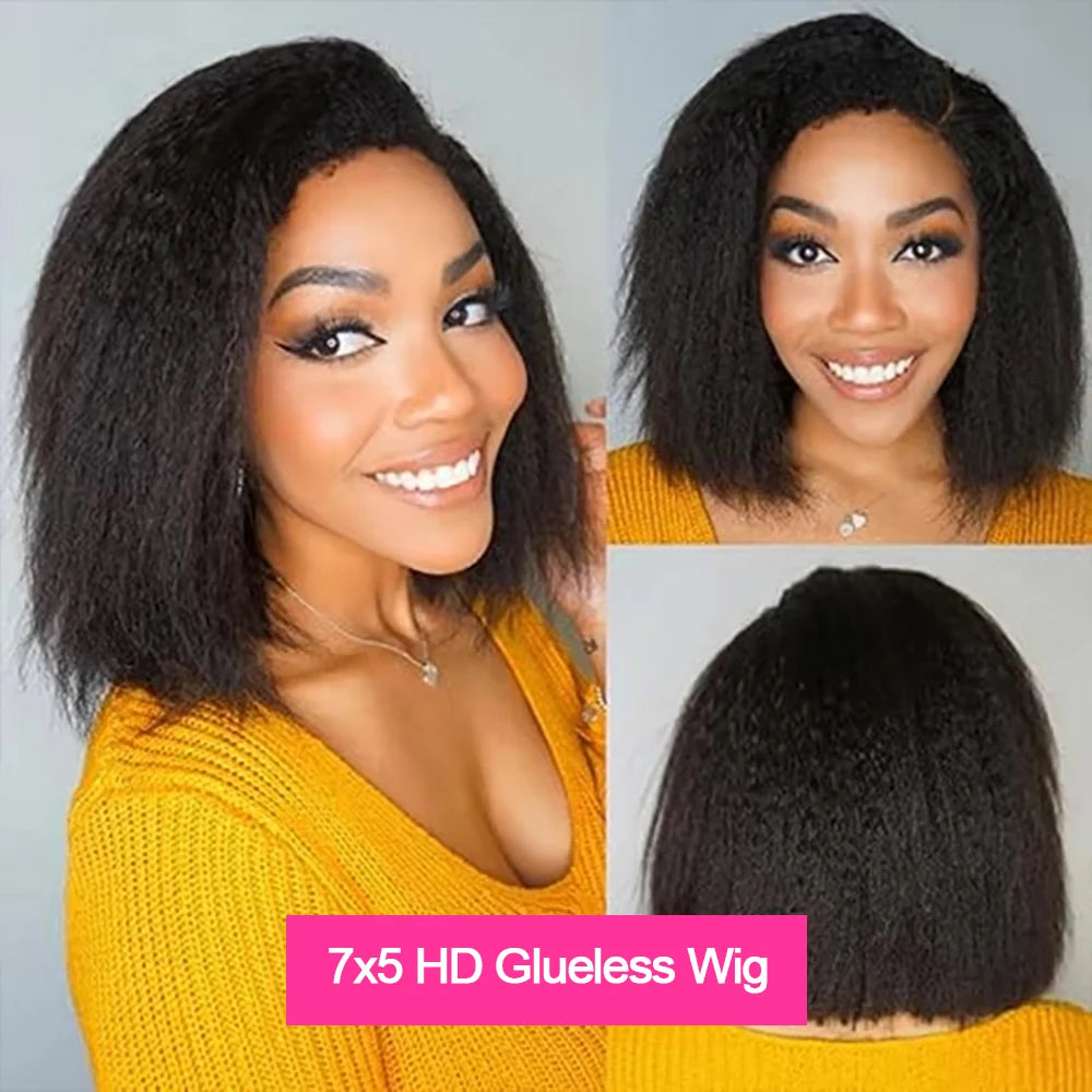 Kinky Straight Pre Cut Wear and Go Glueless Wig Short Bob 100% Human Perruque de cheveux pour femmes 13x4 Avant Perruque Yaki Bob en dentelle transparente