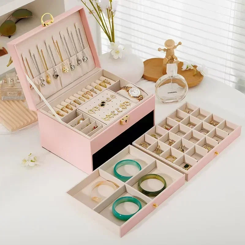Three Layers New Retro High Quality Pu Jewelry Box With Necklace Hook Earrings Ring Bracelet Storage Case Green Colors