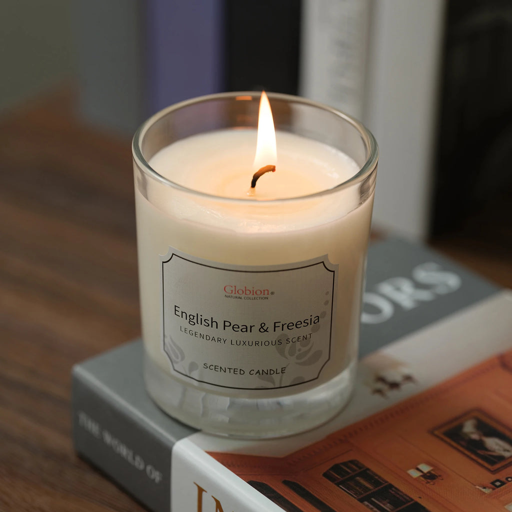 Scented Candle English Pear and Freesia Aromatherapy Candle Glass Jar + Lid 7oz for Home 45 Hours Burn Time Gift for Birthday