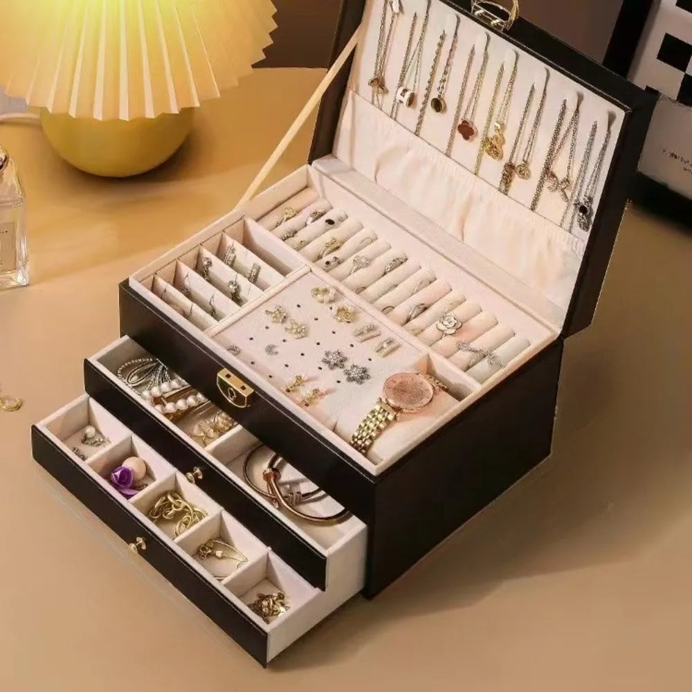 Large-capacity Three-layer Leather with Lock Jewelry Box Earrings Bracelet Jewelry Anti-dust Anti-oxidation Geling Storage Box