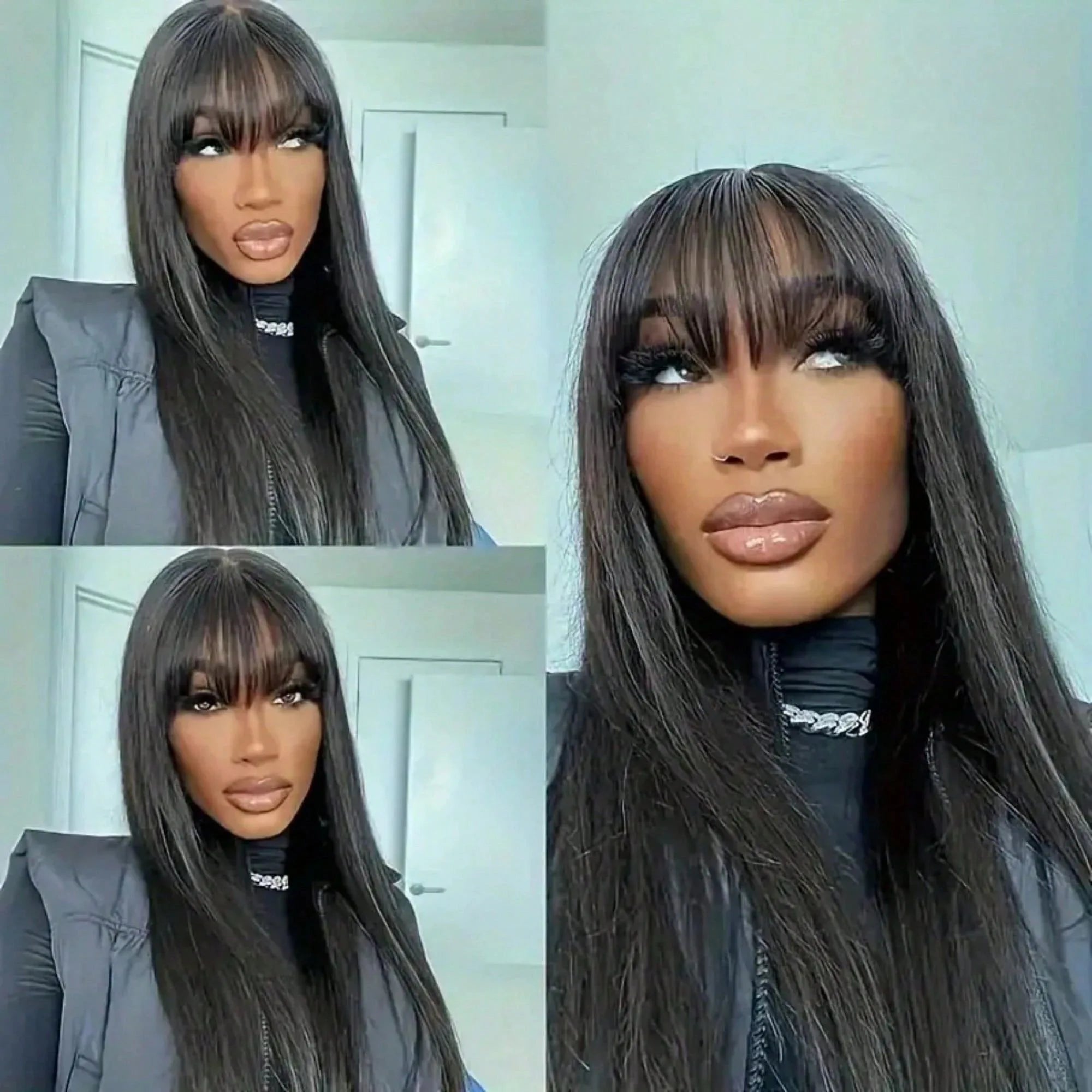 Bone Straight Human Hair Full Machine Made Wigs With Bangs 30 Inch High Density Black Wig Glueless Brazilian Wigs On Sale Women