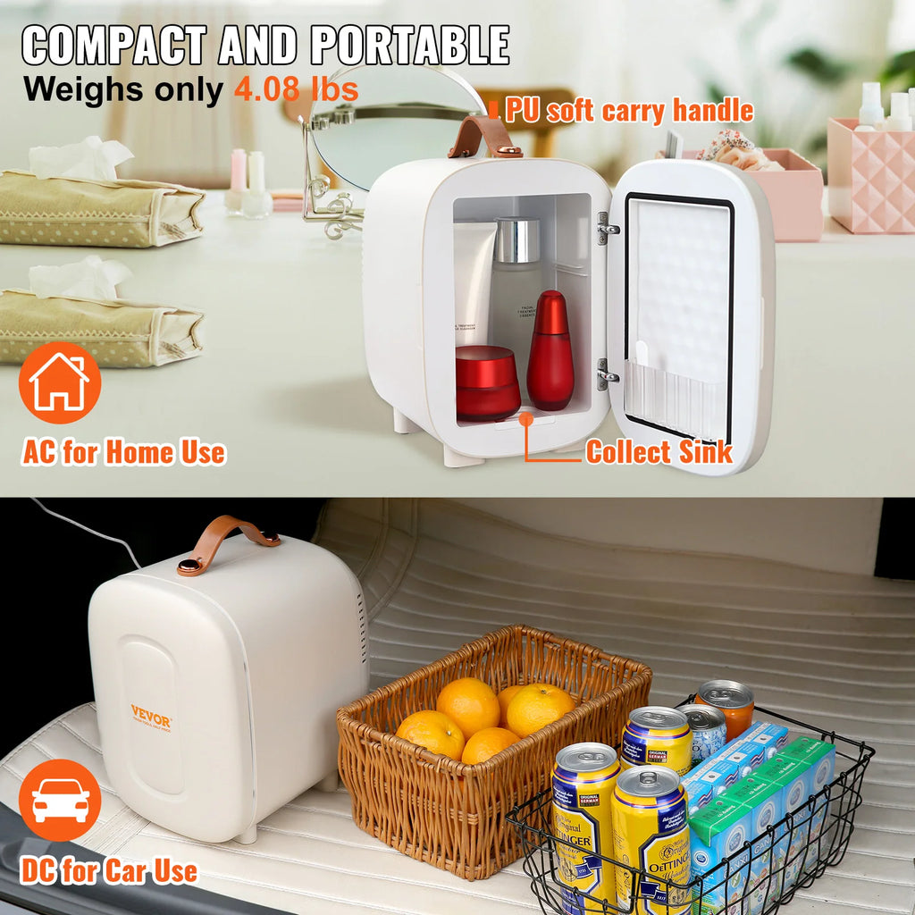 SucceBuy Mini Skin Care Fridge 4 L/6 Can Cute Makeup Fridge for Cosmetics Beverage Fruit Milk Mute Tiny Refrigerator
