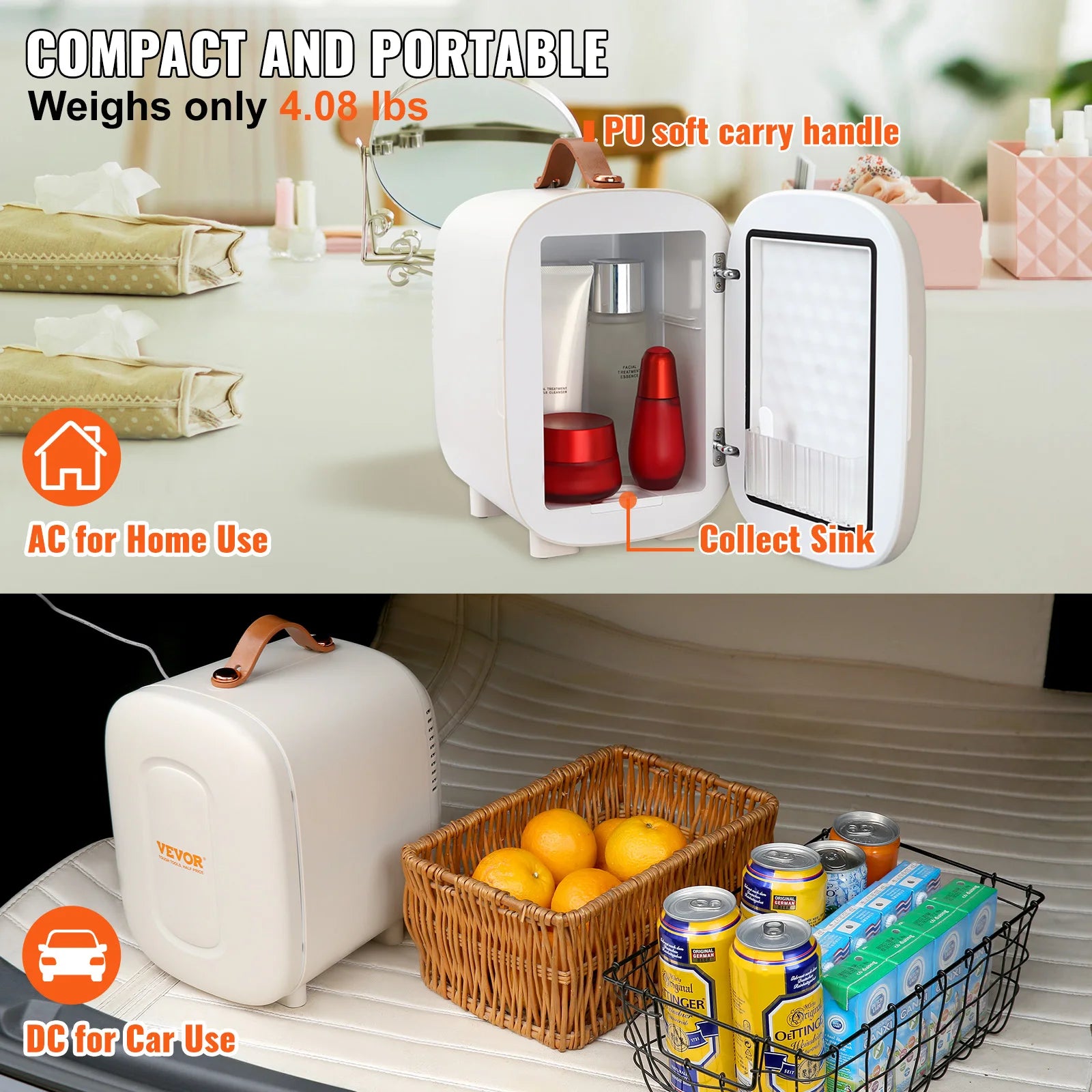 SucceBuy Mini Skin Care Fridge 4 L/6 Can Cute Makeup Fridge for Cosmetics Beverage Fruit Milk Mute Tiny Refrigerator