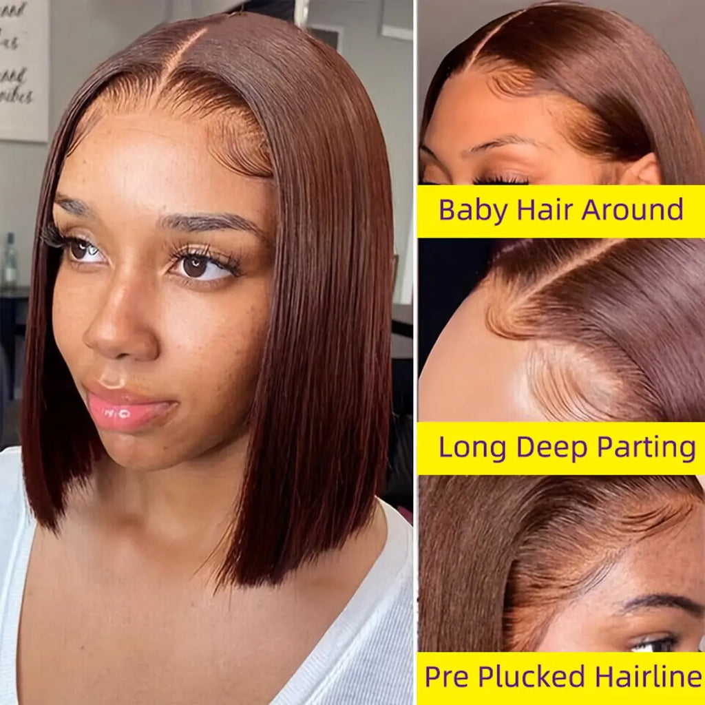 Short Bob Wigs Human Hair Straight Chocolate Brown Colored 13x4 HD Transparent Lace Front Wig For Women Brazilian Remy Hair 200%