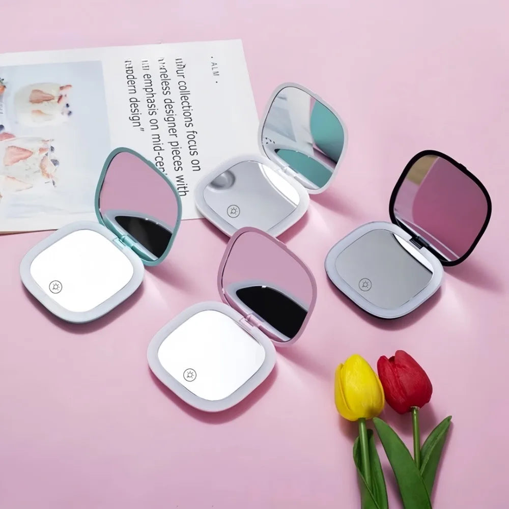 Double Sided LED Makeup Mirror Adjustable Color 3x Magnification USB Charging Portable Folding Mirror for Women's Outdoor Use