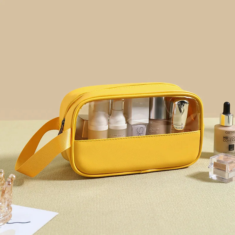 New transparent makeup bag Large capacity waterproof swimming and bathing bag Simple PVC handbag PU splicing bag wash bag