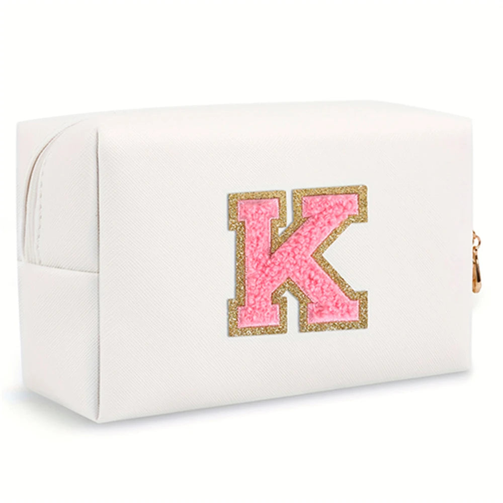 Initial letter patch makeup bag, Preppy portable zipper bag, PU leather waterproof travel wash bag,letter women's handbag-ll-LJX