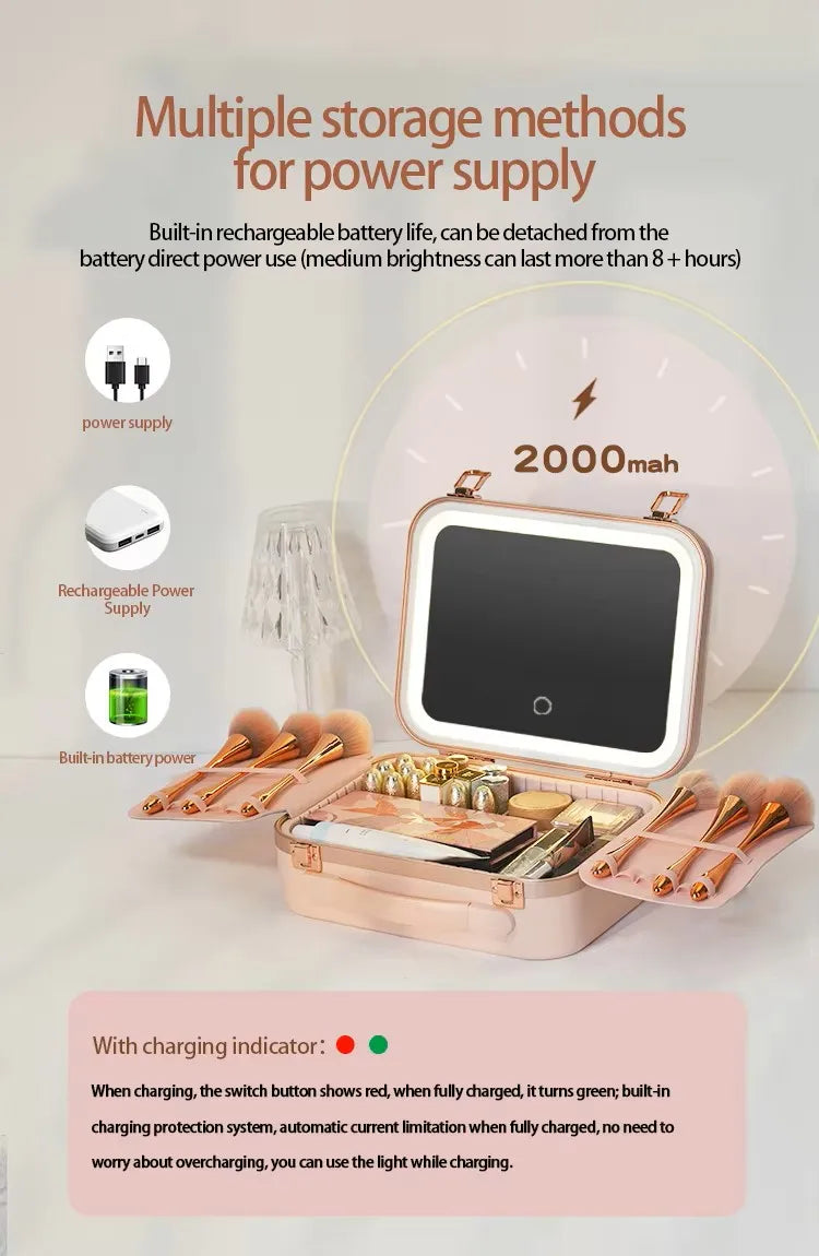 Large Capacity LED Lighted Makeup Case With Mirror Portable Detachable Cosmetic Storage Box Travel Makeup Box Cosmetic Bag