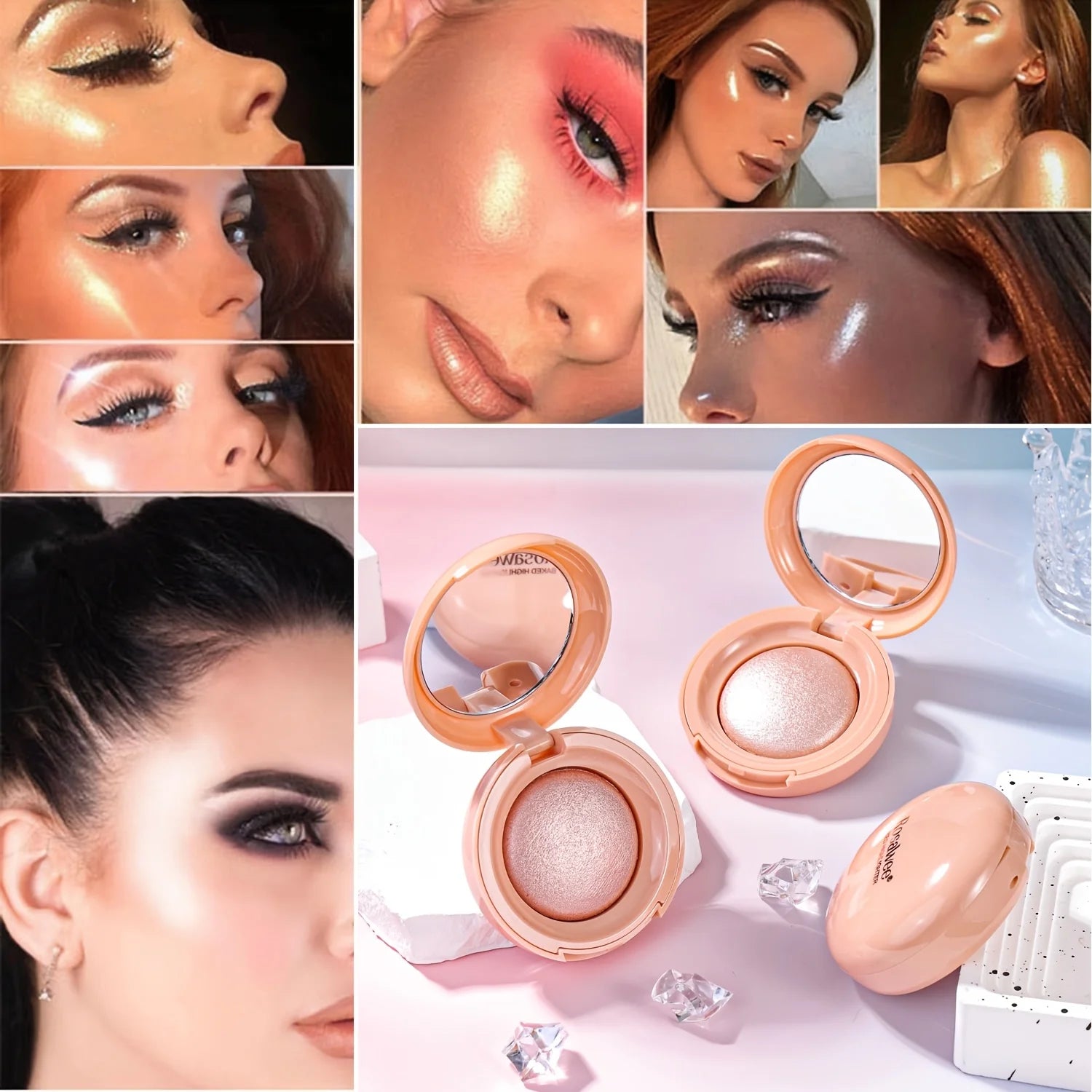 Face Highlighter Palette, High Glossy Face Illuminator Palette, Natural Glow Finish, Pearl Shimmer Smooth Baked Powder