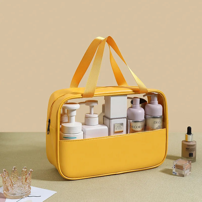New transparent makeup bag Large capacity waterproof swimming and bathing bag Simple PVC handbag PU splicing bag wash bag